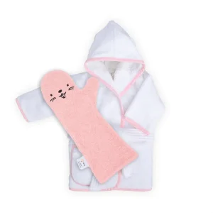 Badjasje roze bies met naam + Nifty Baby Shower Glove naar keuze